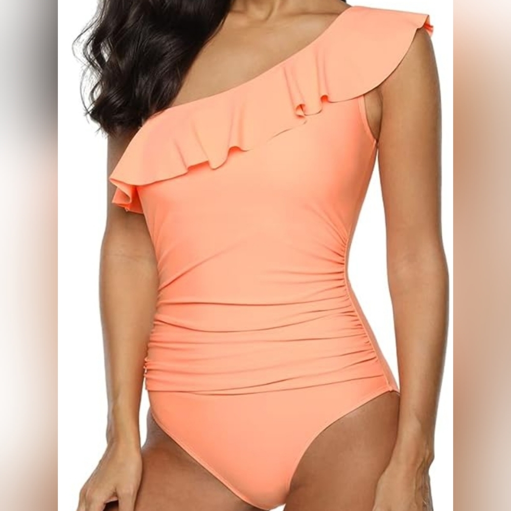 Hilor Peach One Piece Swimsuit with Asymmetrical One Shoulder
